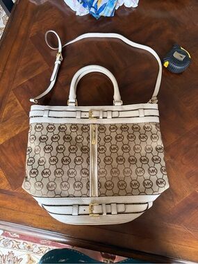 Michael Kors Cream and Beige Signature MK Canvas Shoulder Tote